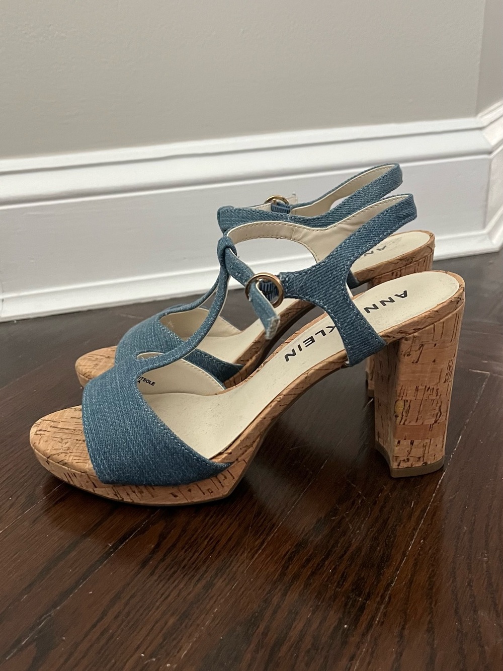 Anne Klein Denim Blue Cork Block Heel Sandals